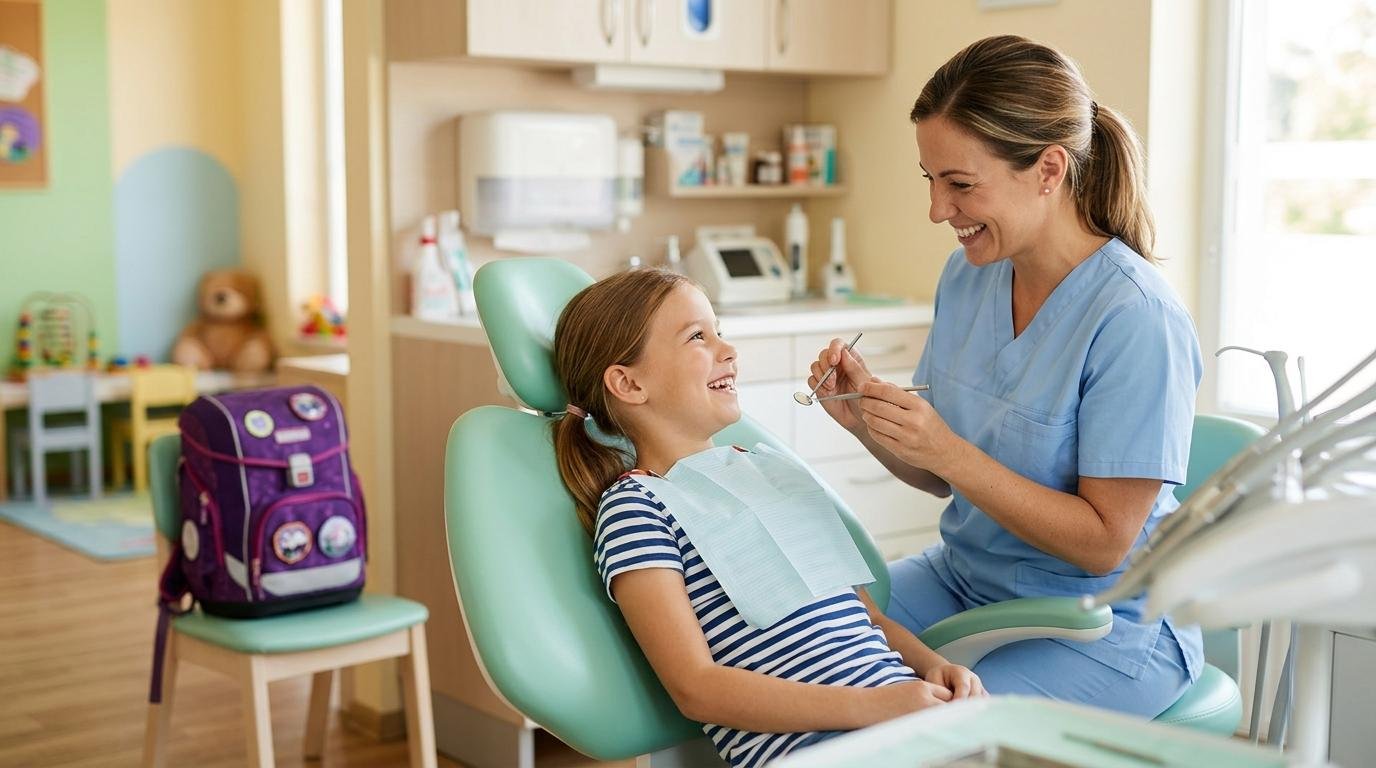 Niño sonriente sentado en un sillón dental pediátrico conversando con una higienista amable, con una mochila escolar cerca