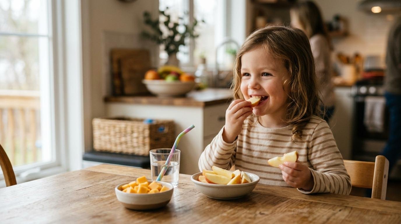 Niño comiendo un bocadillo saludable de queso y rodajas de manzana en la mesa de la cocina