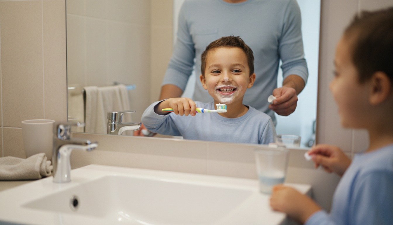 Child brushing teeth with parent helping in bathroom