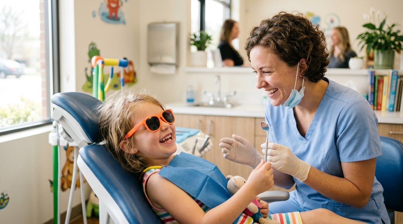 Niño sonriente con lentes de sol en un sillón dental mientras una higienista amable le muestra un espejito