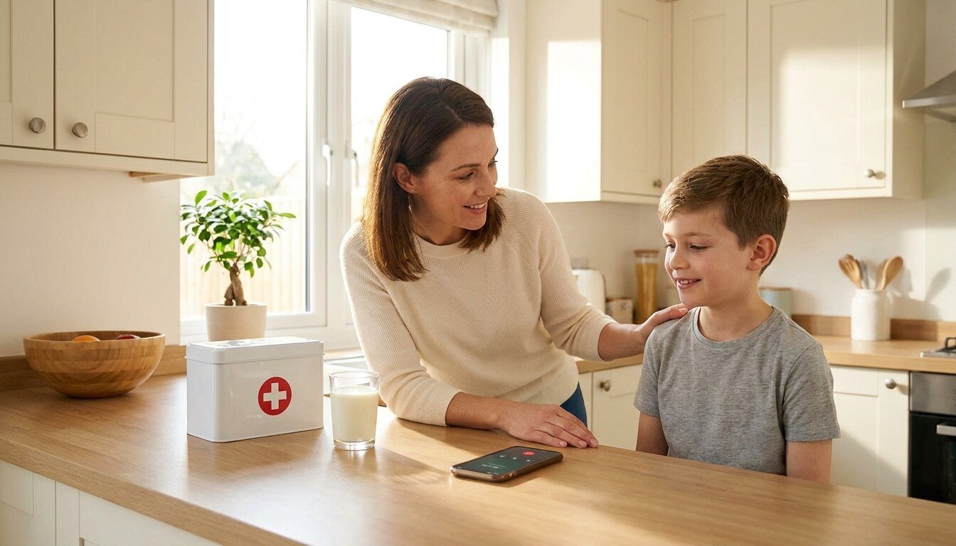 Una mamá tranquila consolando a su hijo después de una lesión dental, con los números de teléfono del consultorio a la vista