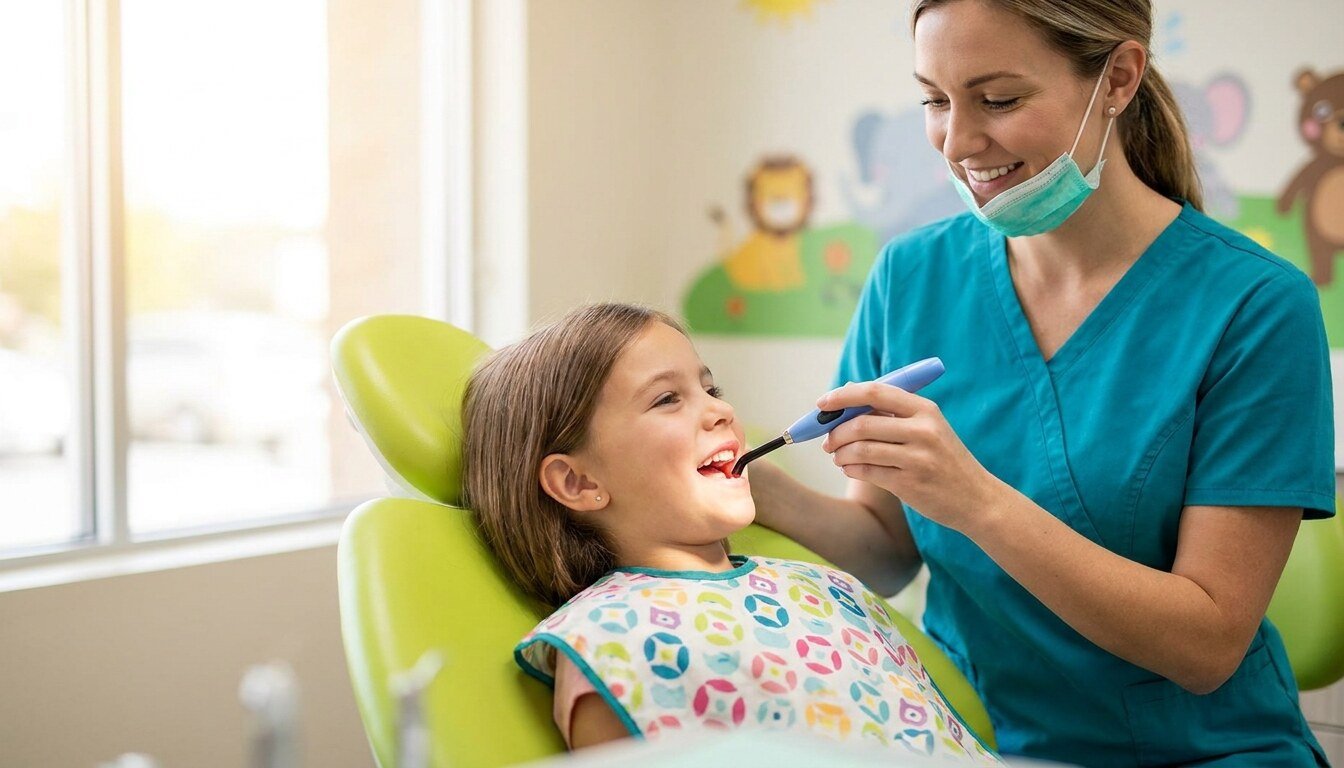 A dental hygienist applying a sealant to a child's molar in a pediatric dental chair