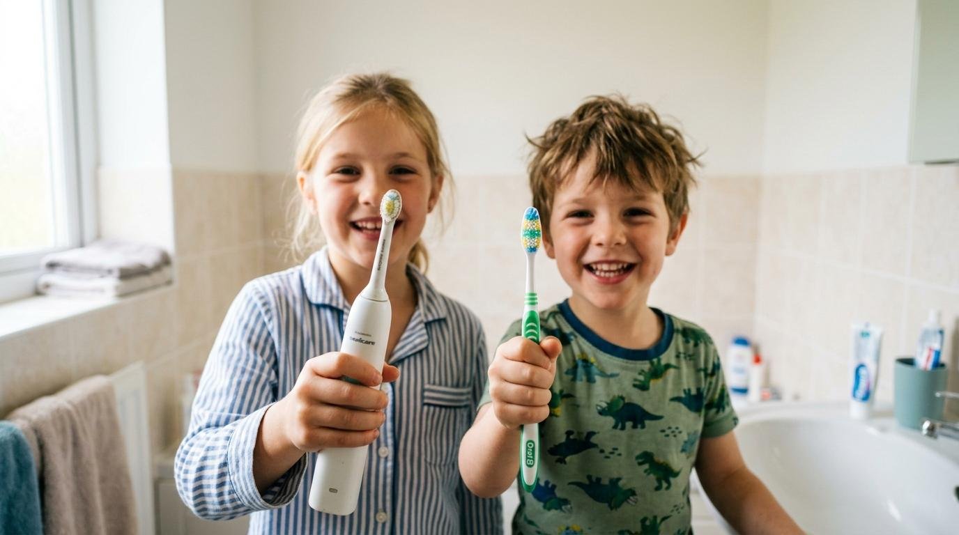 Two young siblings brushing their teeth side by side at a bright bathroom sink, one with an electric toothbrush and one with a manual toothbrush