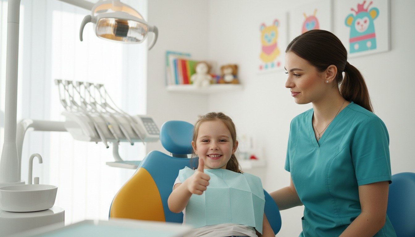 Happy child smiling in pediatric dental chair with friendly dentist