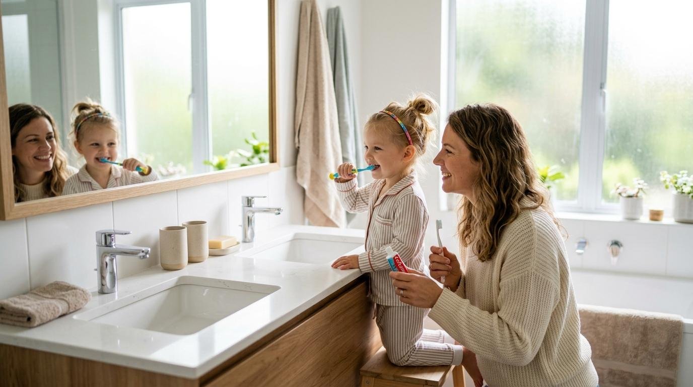 Mother kneeling beside her young child at a bathroom sink, helping brush with a small amount of toothpaste