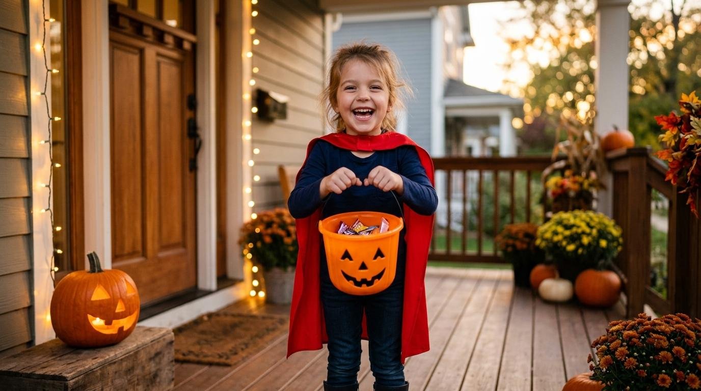Smiling child in a Halloween costume holding a bucket of candy on a front porch at dusk
