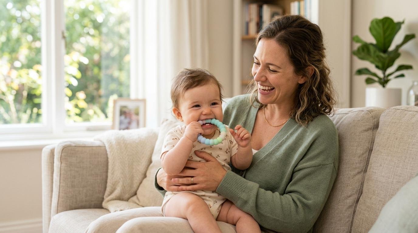 Smiling mother on a sunlit couch holding her happy baby, who is chewing on a soft teething ring