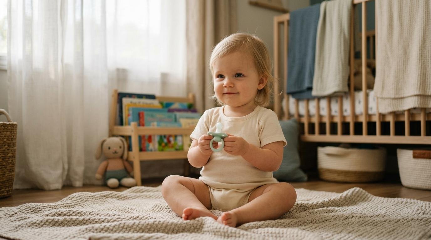Toddler holding a pacifier, looking calm and content