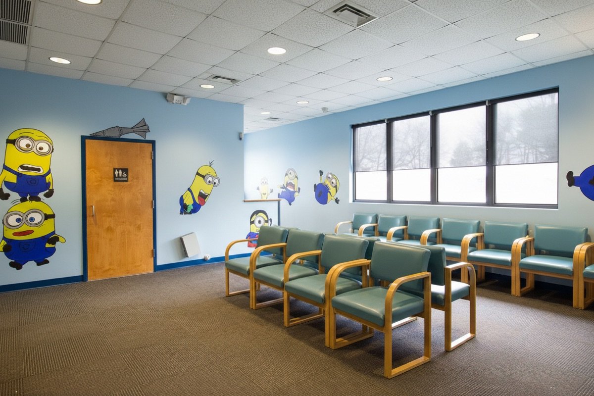 Greensboro waiting room with Minions mural