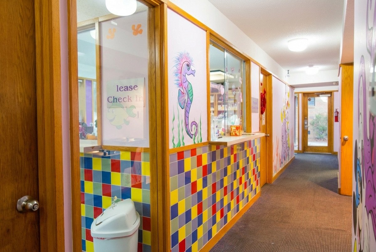 Monroe reception hallway with colorful tile